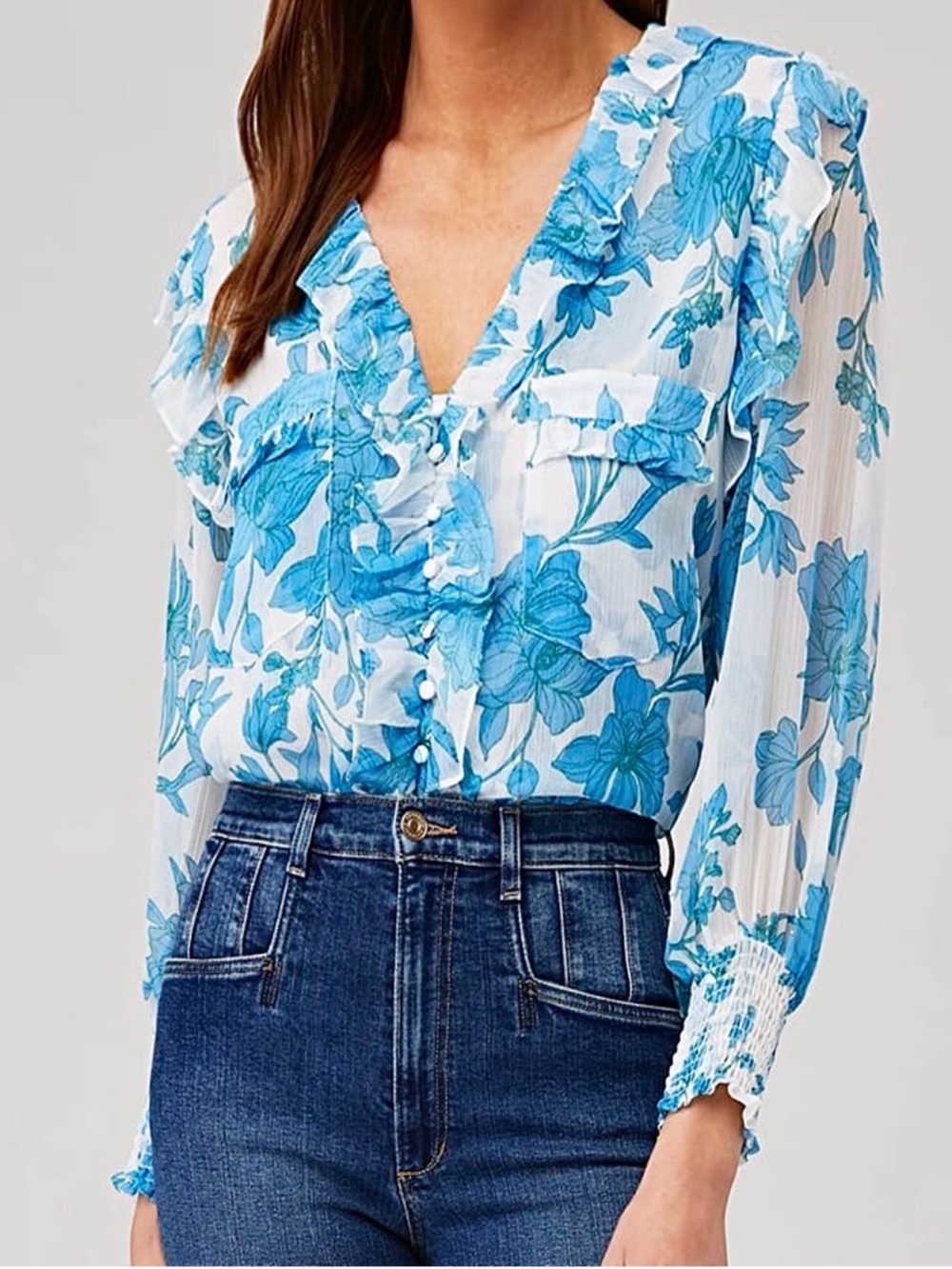 Misa Los Angeles Sasha Top  Blue Floral Ruffle Loose Structure longsleeve blouse